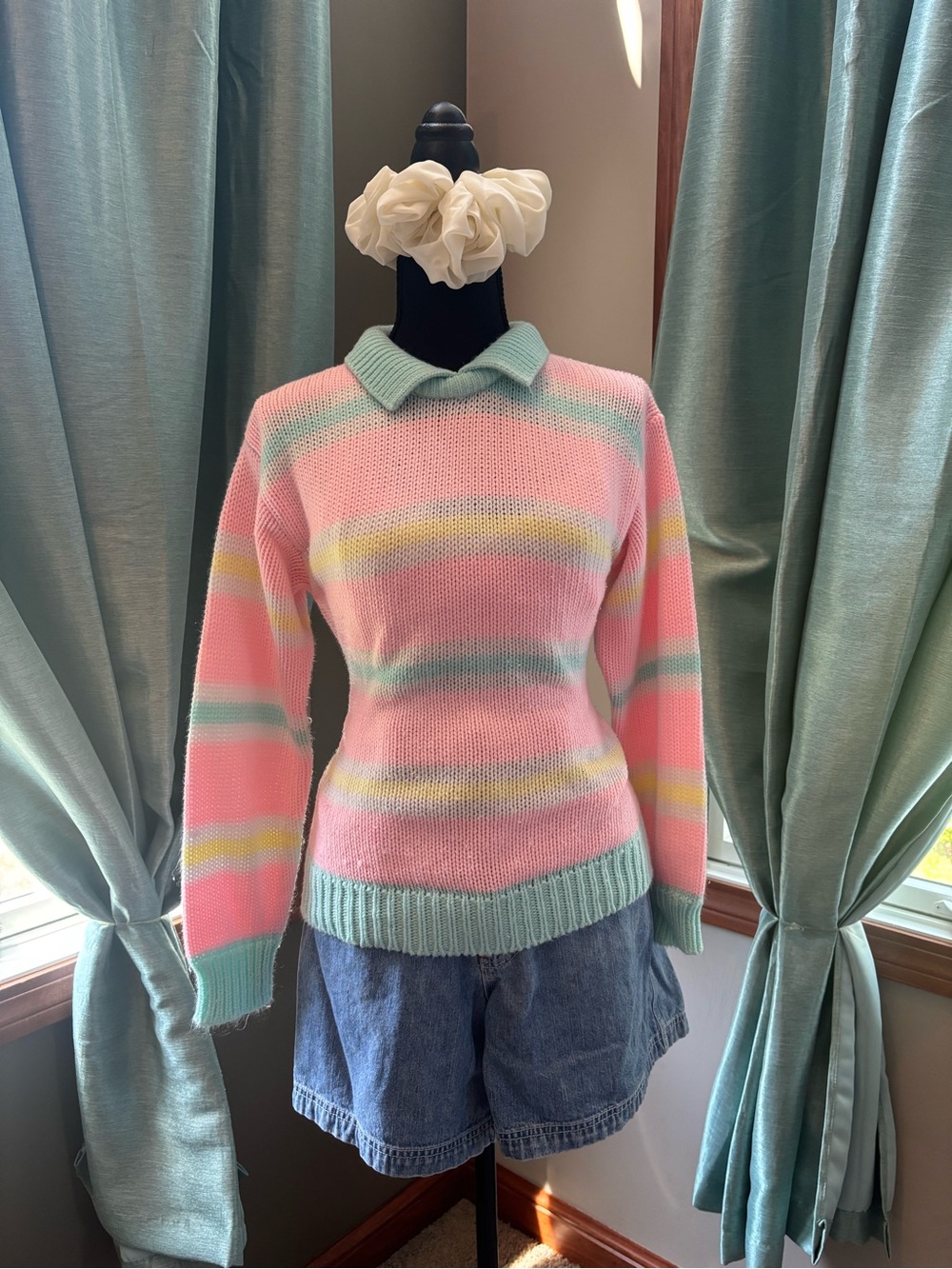 Vintage Helium Pastel Striped Collared Knit Sweater Pink Mint Yellow Preppy